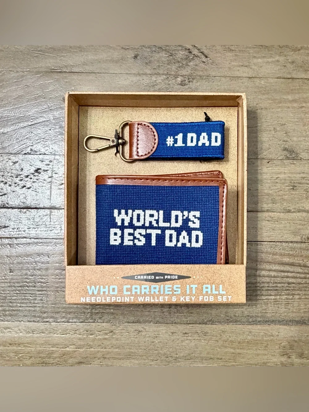 NWT The Kraftsman Co World’s Best Dad Needlepoint Wallet & Key Fob Set